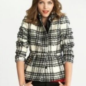 Banana Republic Plaid Wool Belted Jacket Black White Size Small Italian Fabric